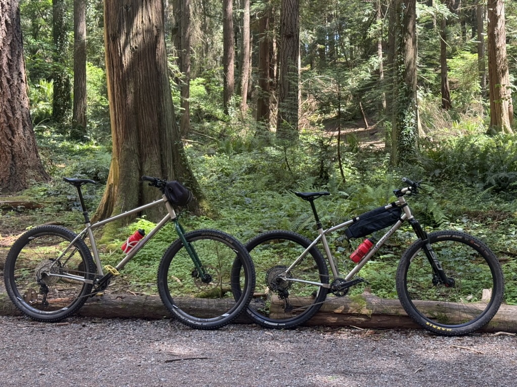 XL and L NFZ prototypes in Hamlin Park, Seattle. XL shown with Esker rigid fork, L shown with Rock Shox SID